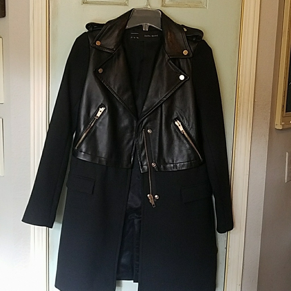black zara faux leather and fabric coat